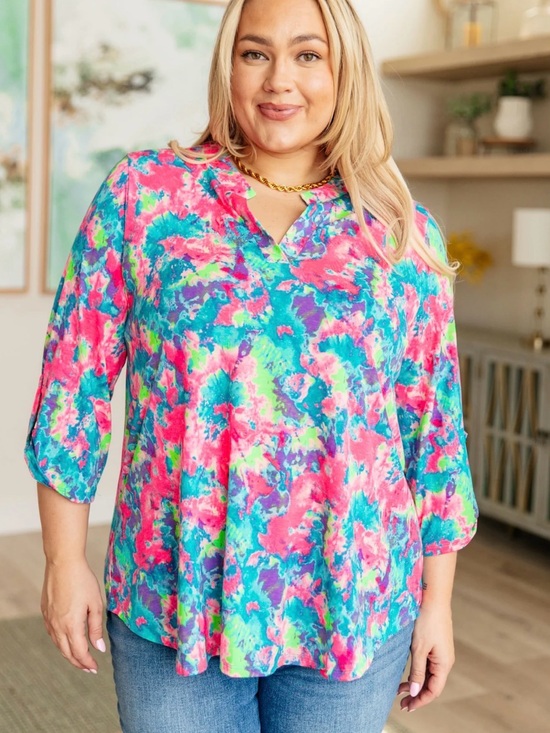 Dear Scarlett Tops - Women's V-Neck Tie-Dye Blouse in Pink, Teal & Purple